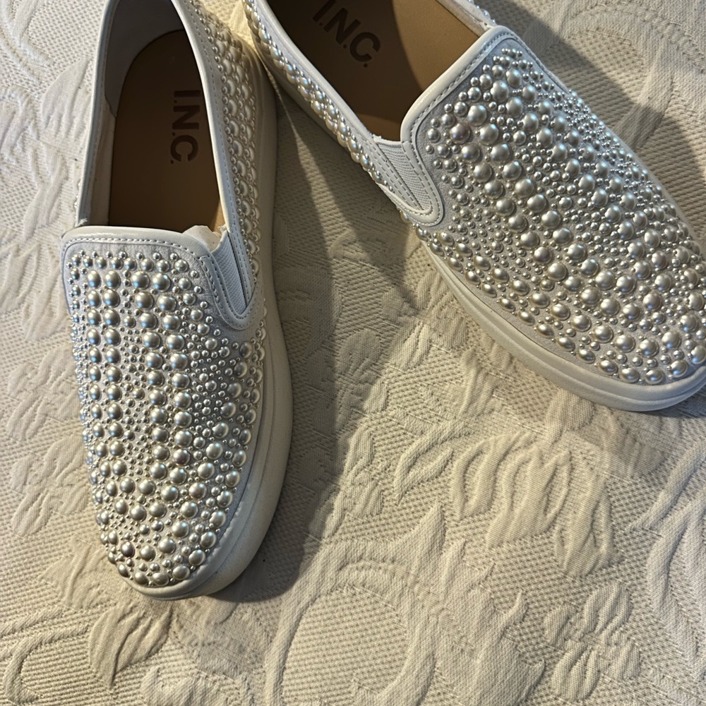 INC International Concepts White Pearl & Rhinestone Slip-On Sneakers
